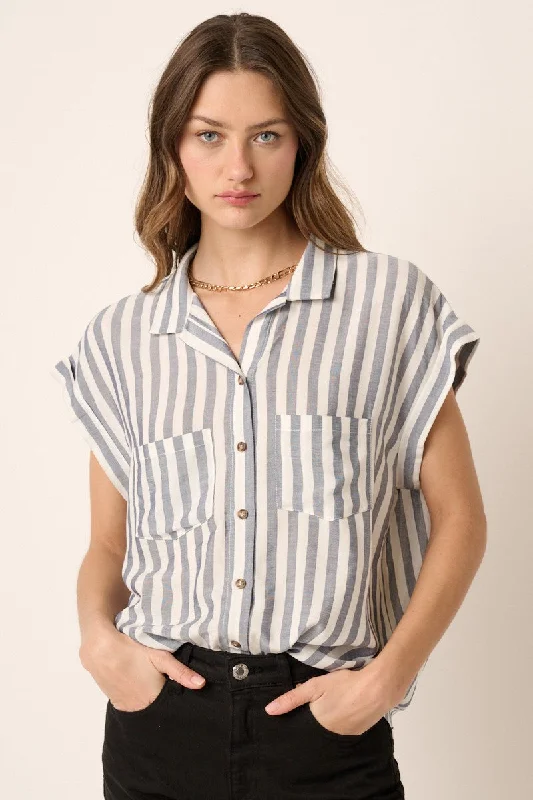 Tie Neck Blouses for Chic -Navy Button Down Chest Pocket Shirt Top