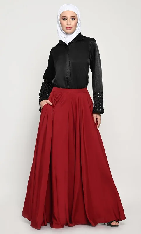 Embroidered Blouses for Detail -Sophisticated 2-Piece Satin Shirt and Crepe Skirt Set with Mirror Detail