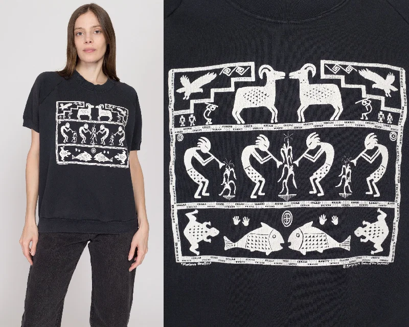 Leverback Blouses for Comfort -XL 90s Kokopelli Black Short Sleeve Sweatshirt