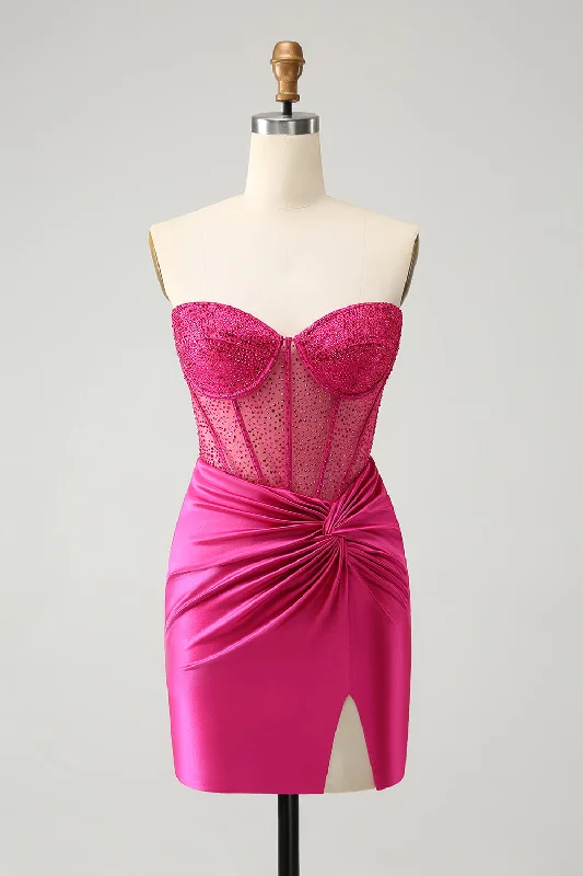 Tie-up Dresses for Decorative -Sparkly Fuchsia Tight Beaded Corset Strapless Homecoming Dress