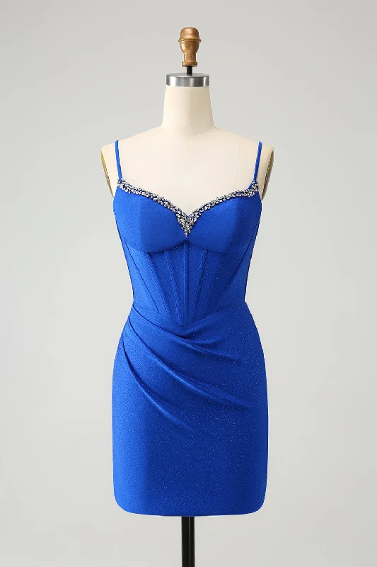 Polyester Dresses for Durable -Sparkly Royal Blue Tight Corset Spaghetti Straps Homecoming Dress