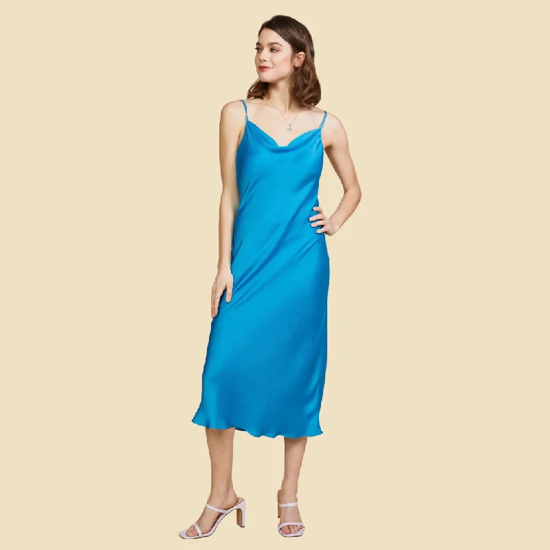 Khaki Dresses for Casual -Cowl Neck Bias Dress (Azure Blue)