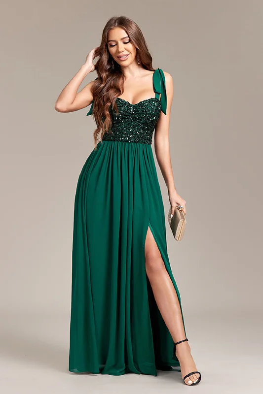 Fringed Party Dress for Bohemian Touch -Sparkly Green Sequins Long Prom Dress With Slit