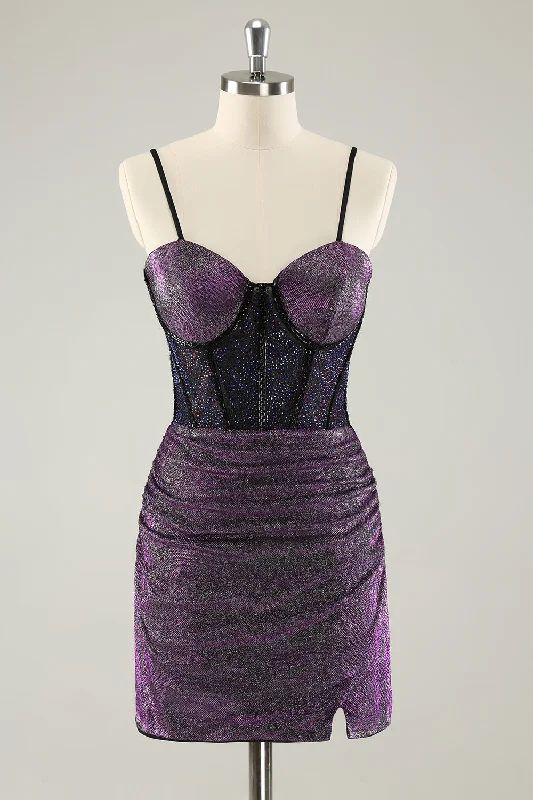 Nylon Dresses for Stretchable -Dark Purple Spaghetti Straps Corset Glitter Short Homecoming Dresses