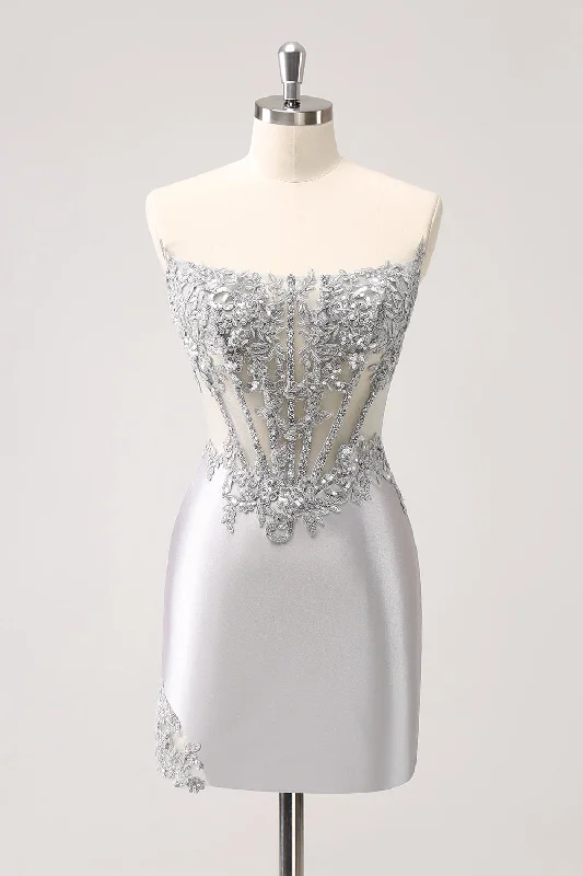 Blue Dresses for Classic -Silver Strapless Sequins Corset Tight Homecoming Dress