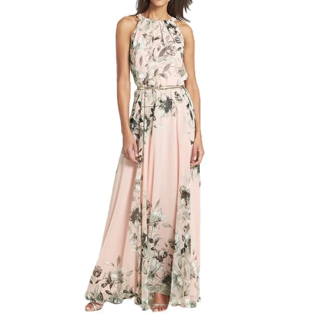 Party Dress for Nightclub Party -Women's Chiffon Sleeveless Round Neck Floral Printed Maxi Party Dress