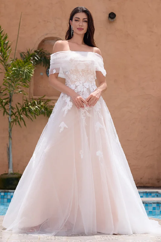 Maxi Party Dress for Elegant Appeal -White A Line Off the Shoulder Tulle Lace Bridal Party Dress with Embroidery