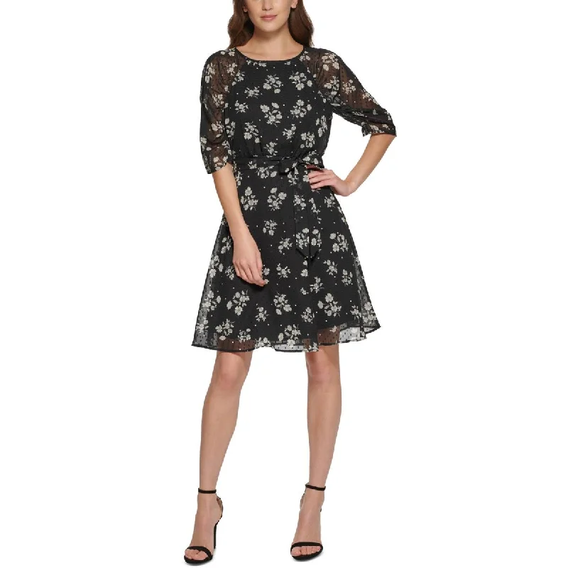 Floral Dresses for Romantic -DKNY Womens Petites Floral Print Knee-Length Fit & Flare Dress