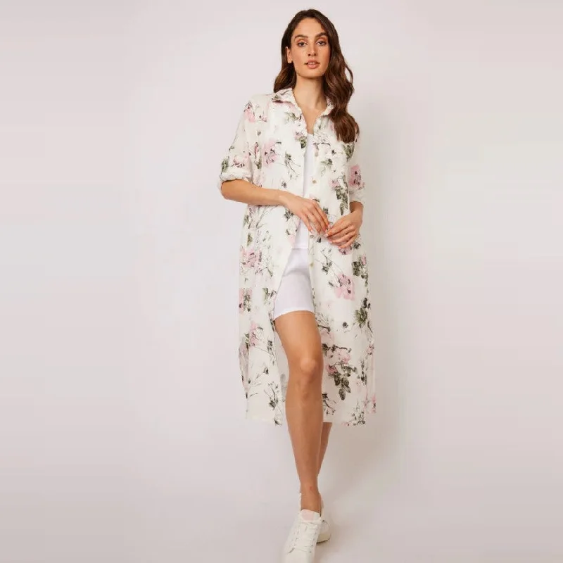 One-shoulder Dresses for Trendy -Maxi Linen Blouse Dress (Pink Floral Print)