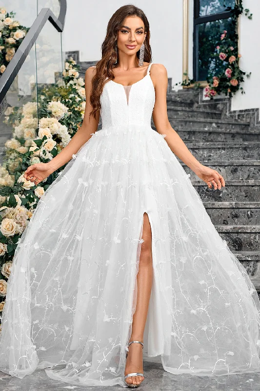 Beaded Party Dress for Luxurious Look -White A-Line Spaghetti Straps Appliques Tulle Long Wedding Party Dress with Slit