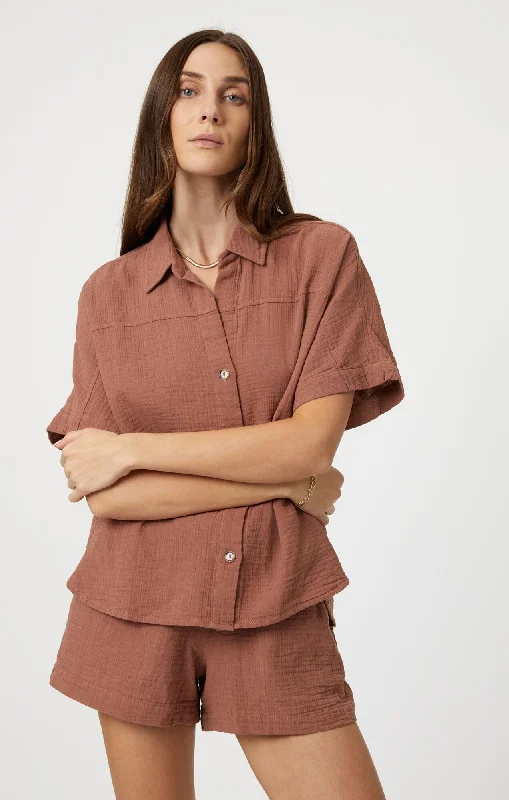 Henley Shirts for Relaxed -GAUZE SHORT SLEEVE SHIRT IN BROWNIE