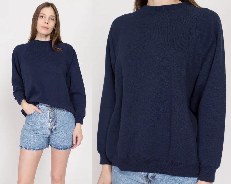 Push Back Blouses for Convenience -1X 90s Navy Blue Soft Raglan Sweatshirt