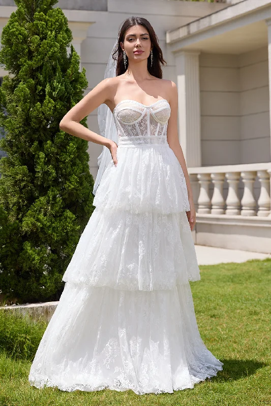 Ruffled Party Dress for Girly Look -Elegant White Strapless Corset Tiered Long Bridal Party Dress with Lace