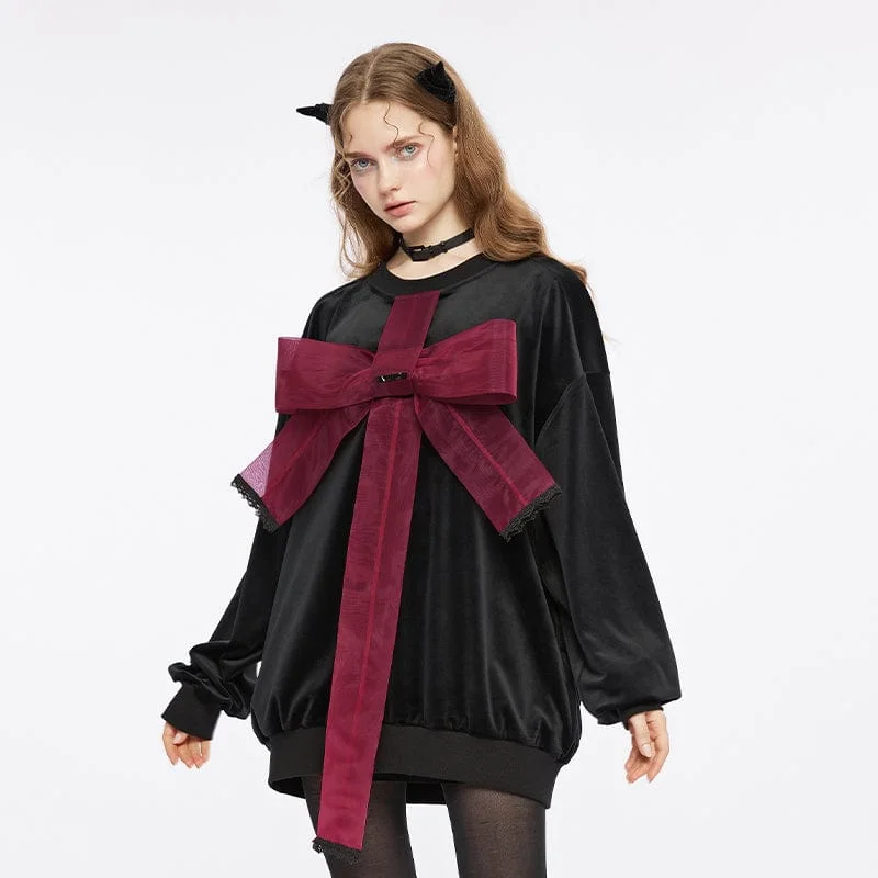 High Neck Blouses for Modest -Women's Grunge Bowknot Velvet Shirt