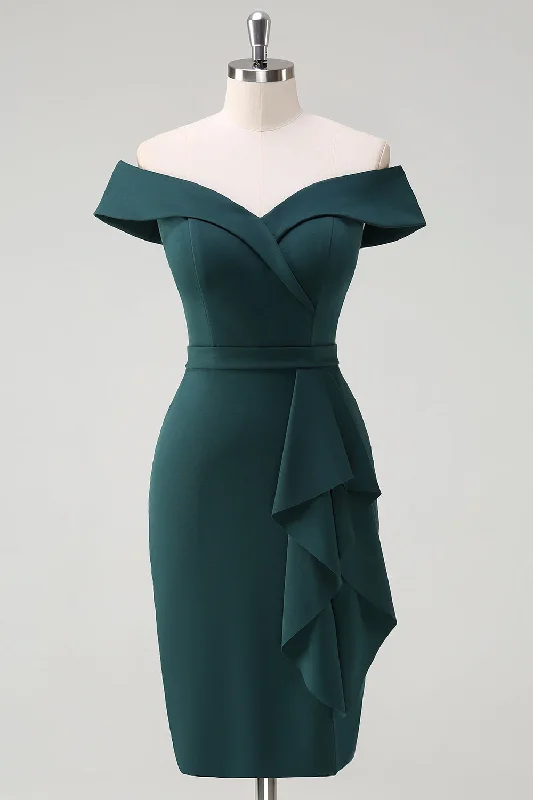 Party Dress for Retro Party -Dark Green Off the Shoulder Ruffled Bodycon Cocktail Party Dress