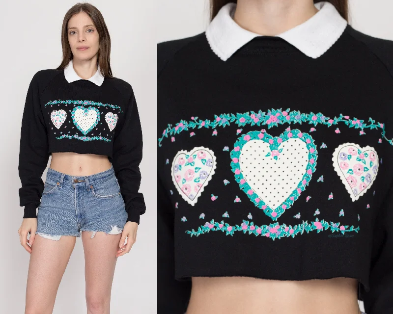 Red Blouses for Statement -Med-Lrg 90s Black Heart Graphic Cropped Collared Sweatshirt