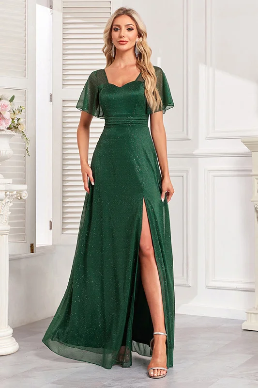 Bell Sleeve Party Dress for Bohemian -Sparkly Dark Green A Line Long Prom Dress With Slit