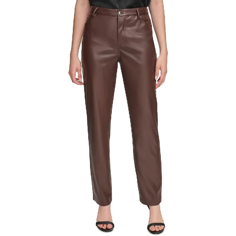 Comfortable tight trousers for women with soft cotton fabric and stretch -Calvin Klein Womens Faux Leather High Rise Straight Leg Pants