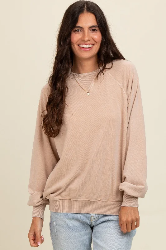 V Neck Blouses for Flattering -Light Taupe Vintage Wash Relaxed Fit Sweatshirt