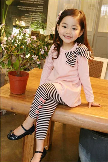 Maximalist Blouses for Bling -Chic Striped Bow Tie T-shirt and Leggings Set for Girls