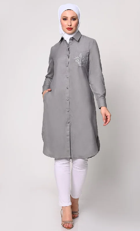 Long Sleeve Blouses for Coverage -Classic Grey Shirt Tunic with Pocket Embroidery