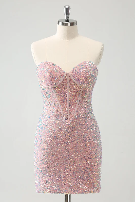 Abstract Dresses for Creative -Sparkly Strapless Light Pink Tight Short Homecoming Dress with Sequins