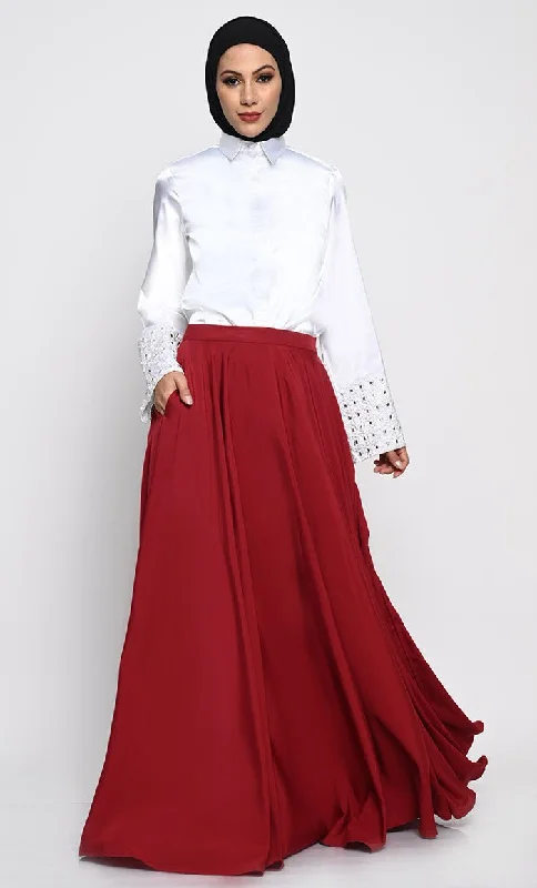 Chiffon Blouses for Feminine -Elegant White Shiny Satin Shirt and Crepe Skirt Set