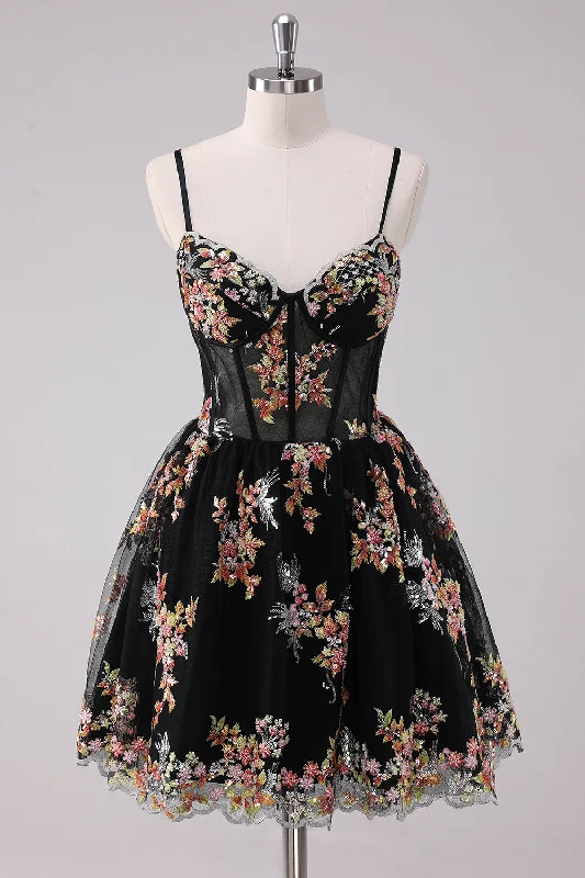 Solid Color Dresses for Simple -Sparkly Black A-Line Floral Short Homecoming Dress