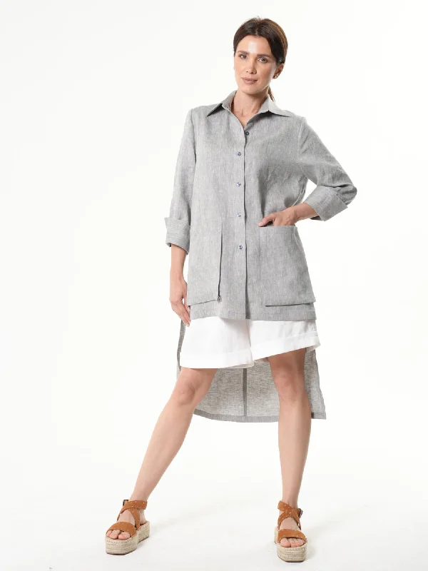 Pleated Blouses for Texture -Asymmetric Linen Shirt In Gray