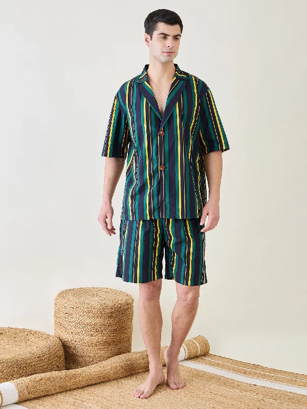 Tunic Blouses for Oversized -Mens Striped Collar Shirt and Shorts Set