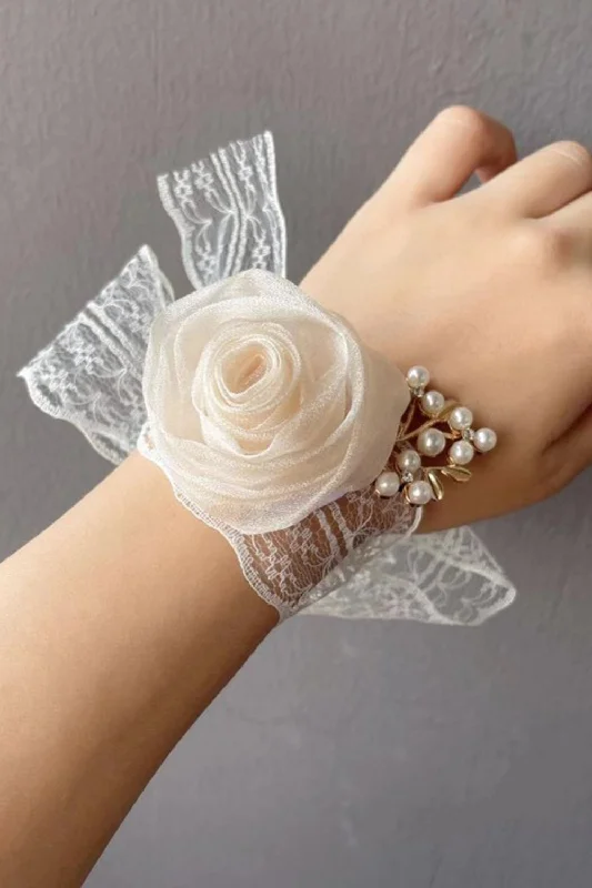 Checkered Party Dress for Trendy Style -Champagne Pearl Prom Wrist Corsage with Lace Ribbon