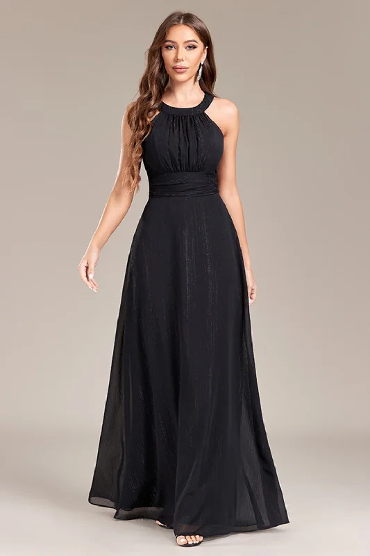 Cap Sleeve Party Dress for Cute Look -Black A Line Halter Long Prom Dress with Open Back