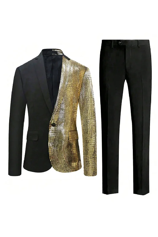 Animal Print Bodice Party Dress for Fun -Sparkly Black Golden 2 Pieces One Button Notched Lapel Men's Prom Suit