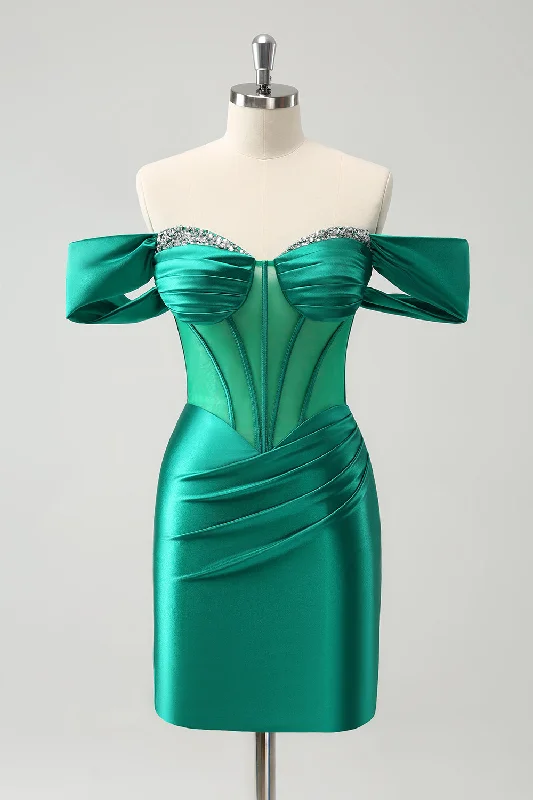 Beaded Dresses for Glamour -Green Off the Shoulder Satin Tight Homecoming Dress with Beading