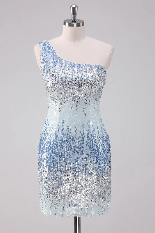 Gray Dresses for Subtle -Sparkly Light Blue One Shoulder Sequins Bodycon Short Homecoming Dress