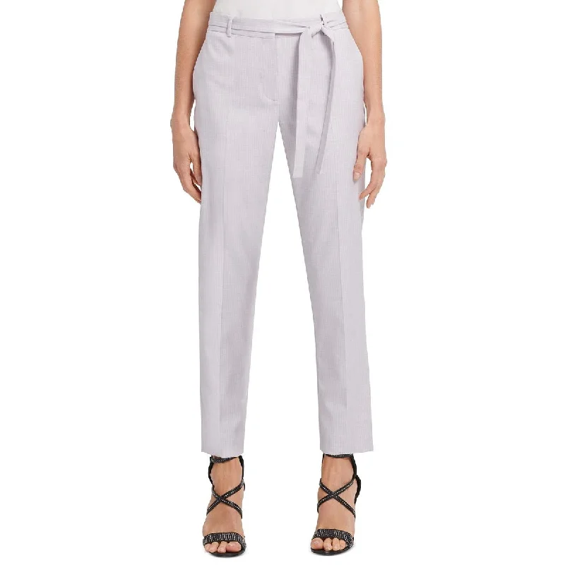 Smart casual tight trousers for women with cuffed ankle and tailored design -DKNY Womens Striped Tie-Waist Dress Pants