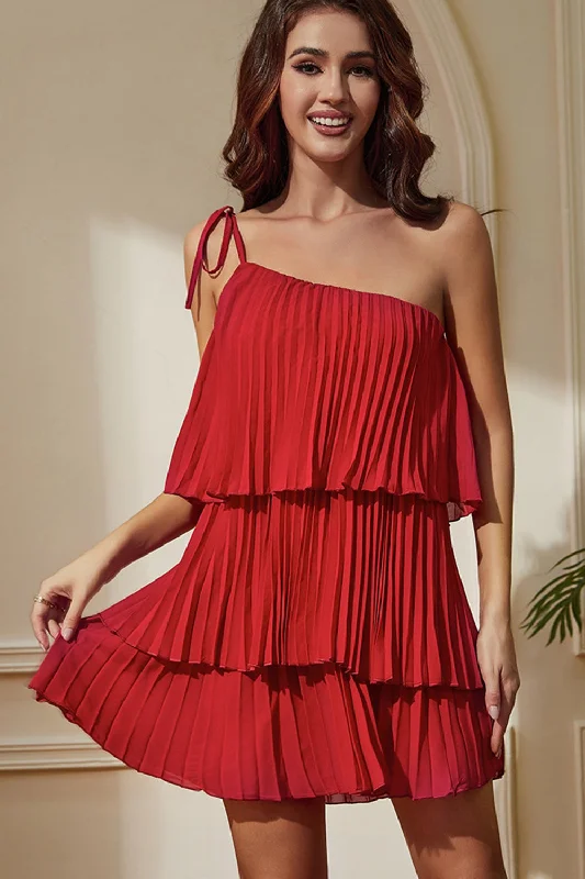 Cuffed Sleeve Party Dress for Stylish -Red One Shoulder Pleated Tiered Sheath Short Party Dress