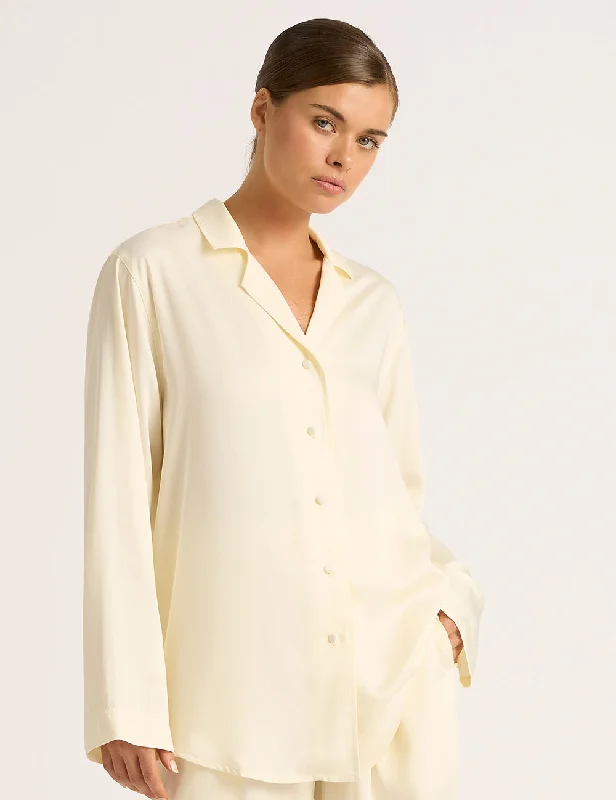 Twill Shirts for Durable -Vegan Silk Long Sleeve Sleep Shirt - Pearl