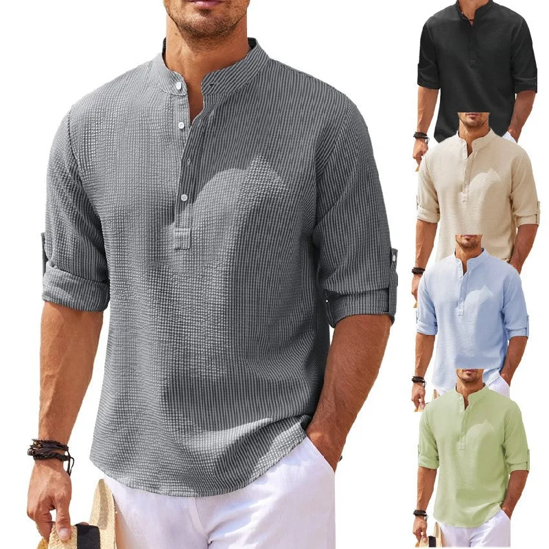 White Blouses for Pure Look -Men's Pineapple Texture Stand Collar Button Shirt - Summer Casual Top