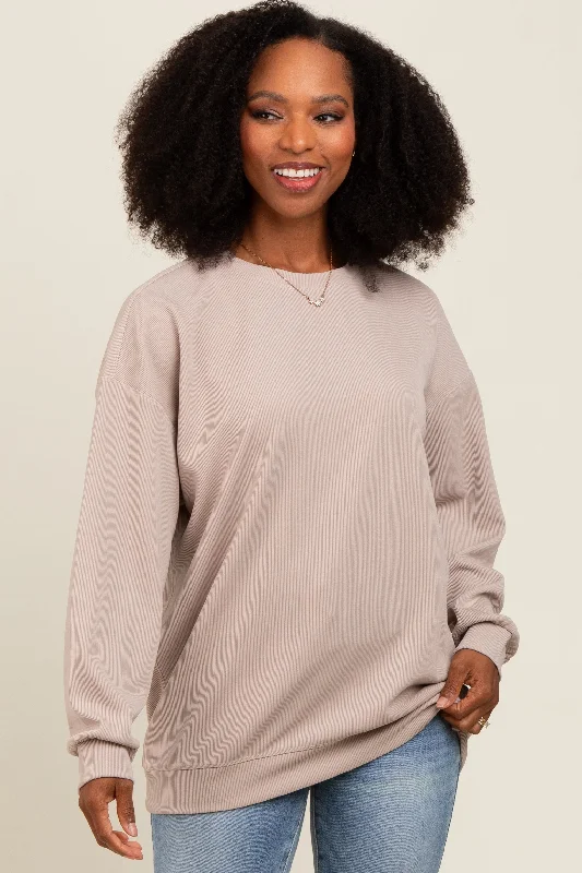 Solid Color Blouses for Simple -Beige Drop Shoulder Sweatshirt