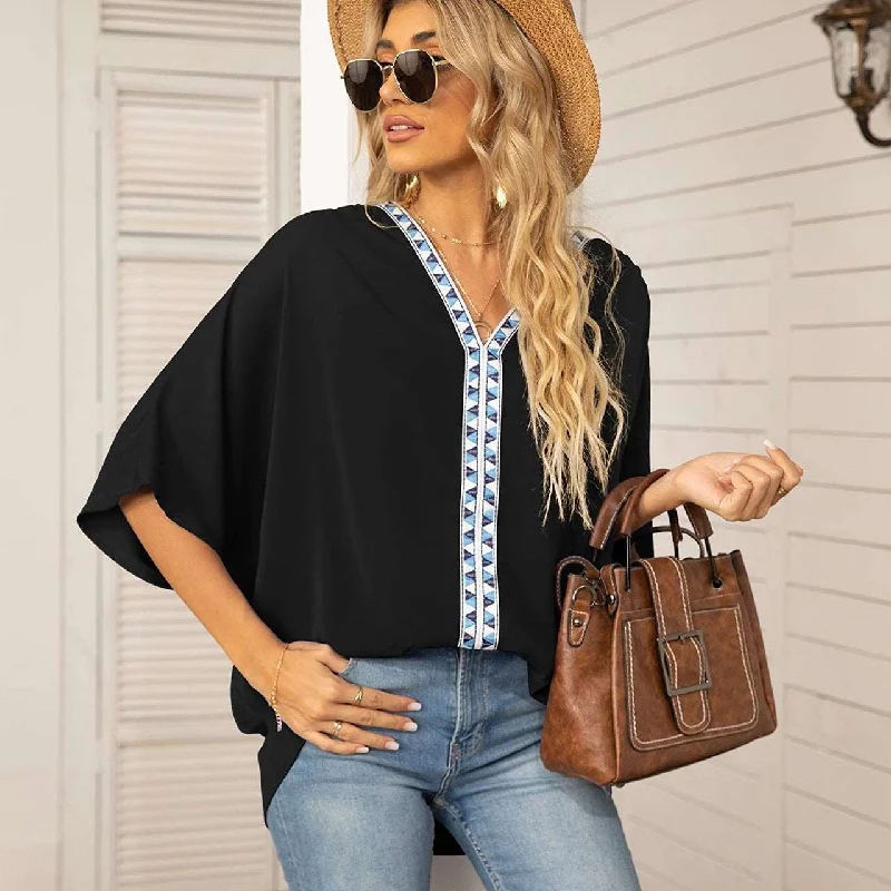 Casual Shirts for Everyday -Chic Comfort: V-neck Bat Sleeved Shirt