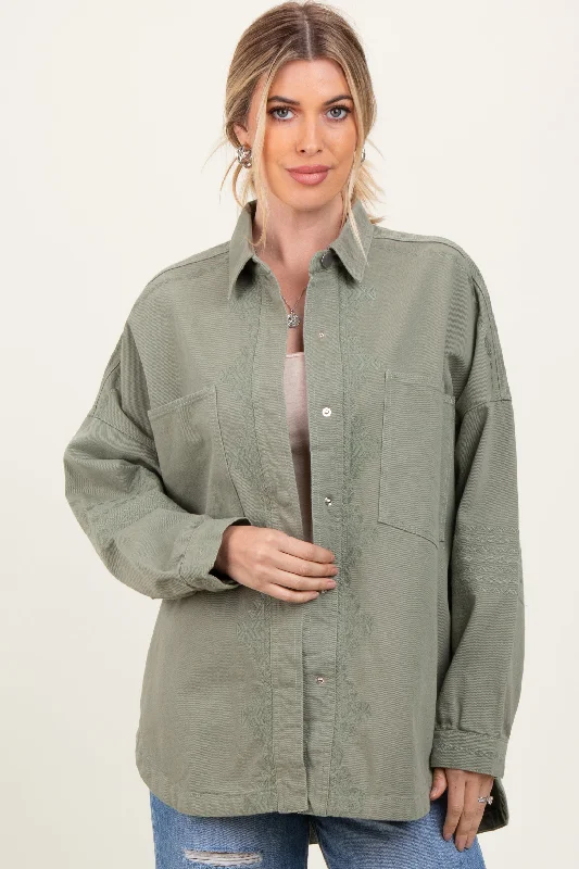 Petite Blouses for Small -Light Olive Embroidered Snap Button Shirt Jacket