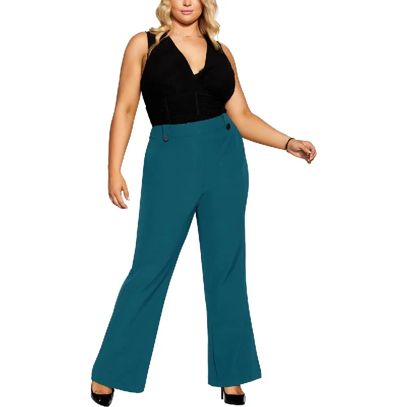 All-black tight trousers for women with simple, chic design for formal occasions -City Chic Womens Solid  Wide Leg Pants