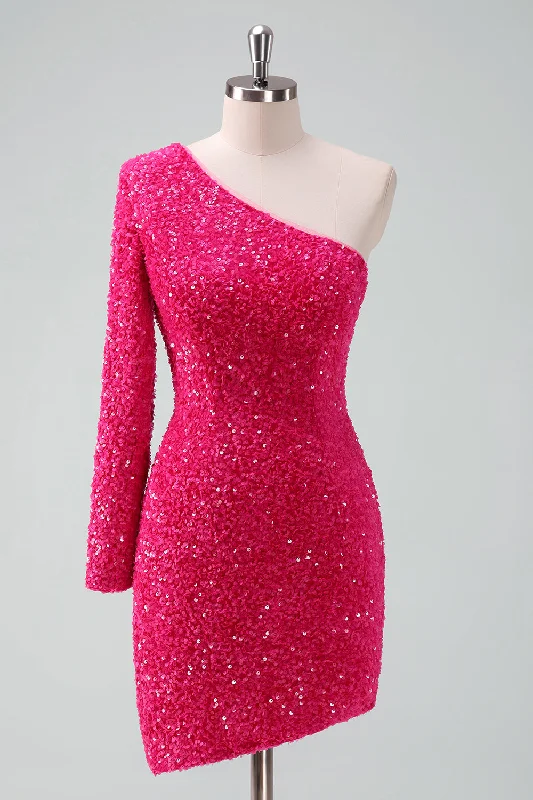 Pink Dresses for Feminine -Sparkly Fuchsia One Shoulder Sequin Tight Short Homecoming Dress with Fringe