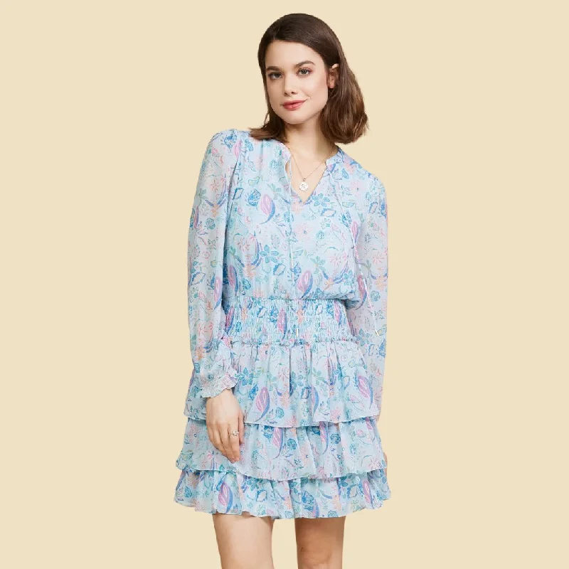 Pink Dresses for Feminine -Paisley Print Smocked Dress (Dusty Blue)