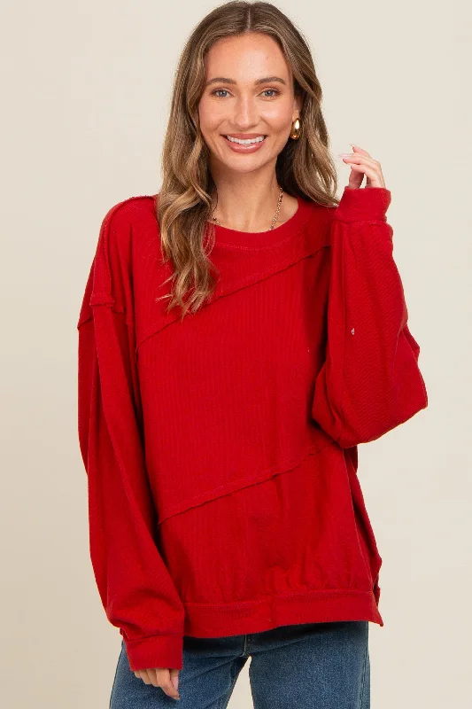 Screw Back Blouses for Security -Red Exposed Seam Dolman Sleeve Sweatshirt