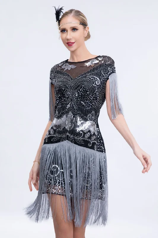 Halter Dresses for Chic Style -Grey Sequined Short 1920s Flapper Dress with Fringes