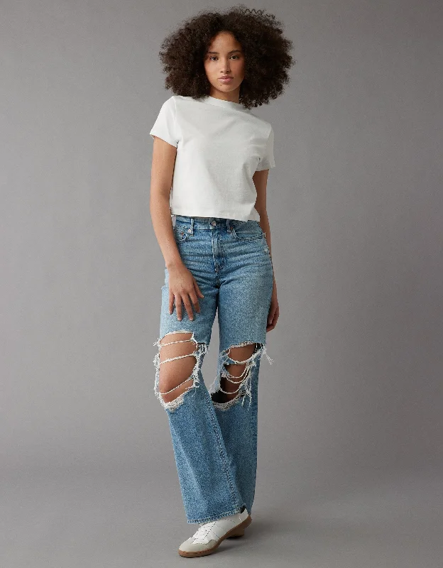 Tight trousers for women with faux leather material for sleek and modern look -AE Strigid Curvy Super High-Waisted Baggy Straight Ripped Jean