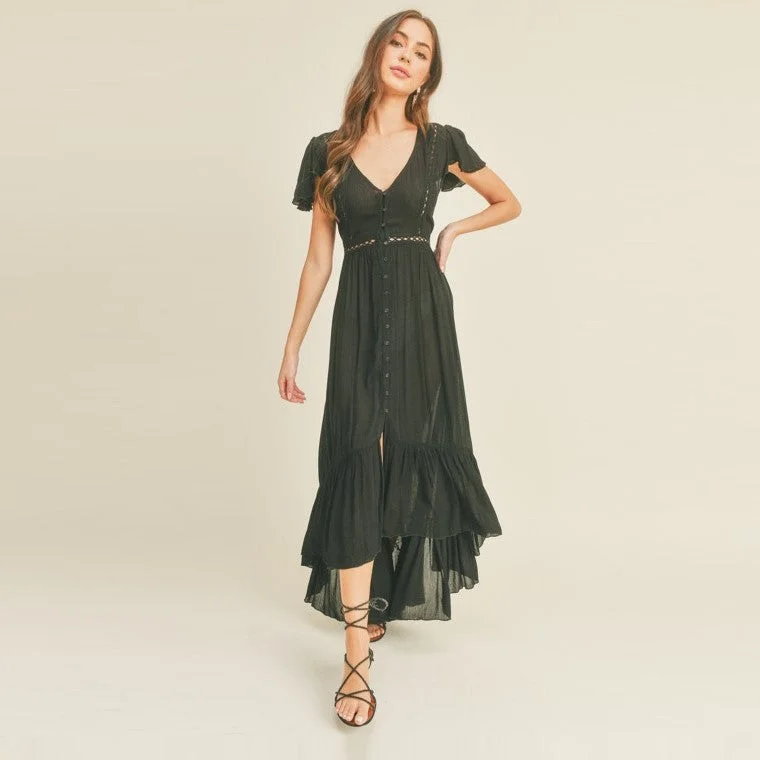 Retro Dresses for Throwback -Button-Front High-Low Midi Dress (Black)