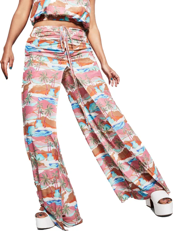 Elegant tight trousers for women with sleek design and tailored for a perfect fit -Womens Tropical Printed Drawstring Wide Leg Pants